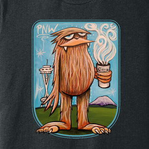 Sasquatch with Coffee in Seattle Heathered Dark Gray Unisex T-Shirt