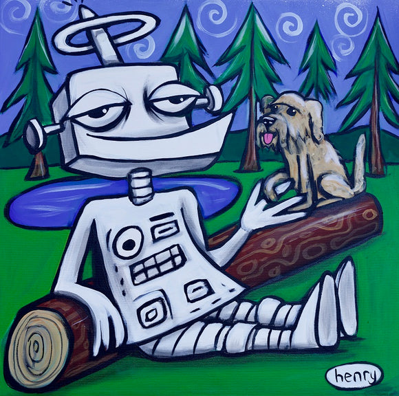 Robot with Dog on Log Canvas Print