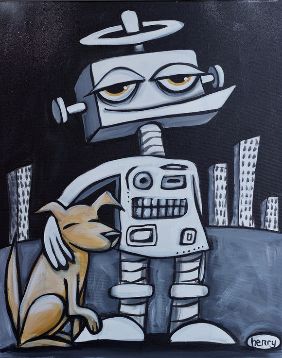 Robot with Dog Canvas Print