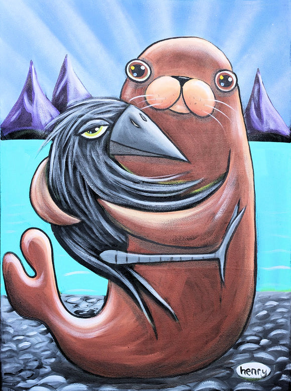 Seal and Crow Hugging Canvas Print