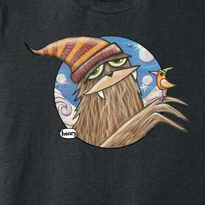 Sasquatch in Hat with Bird Heathered Dark Gray Youth T-Shirt