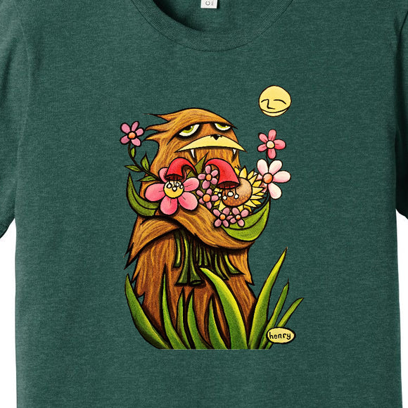 Sasquatch Hugging Flowers Unisex T-Shirt