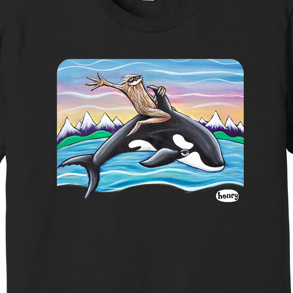 Sasquatch Riding Orca Black Unisex T-Shirt