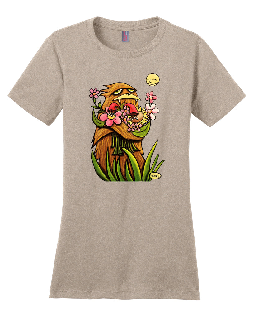 Sasquatch Hugging Flowers Feminine Cut T-Shirt