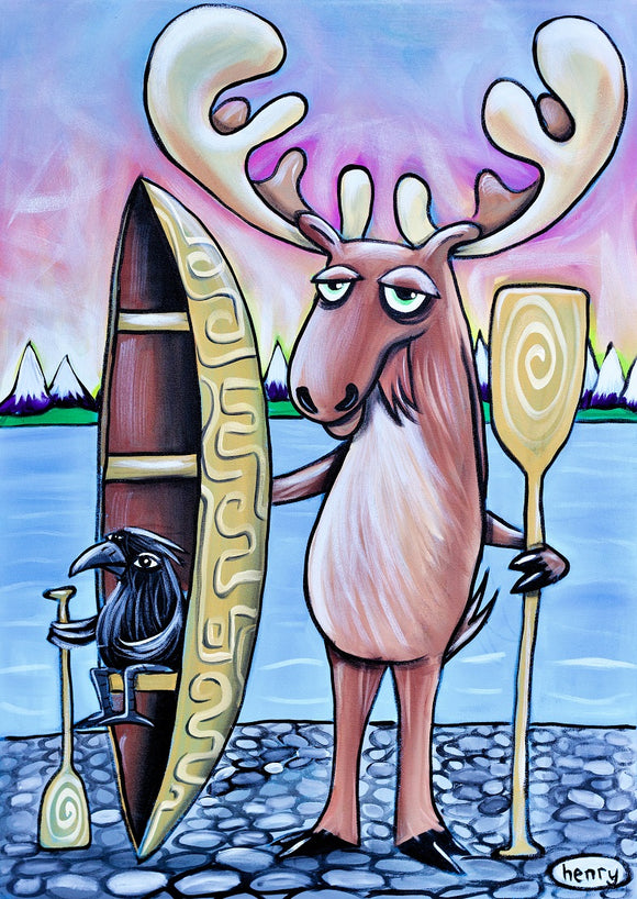 Moose and Raven Canoe Paper Print