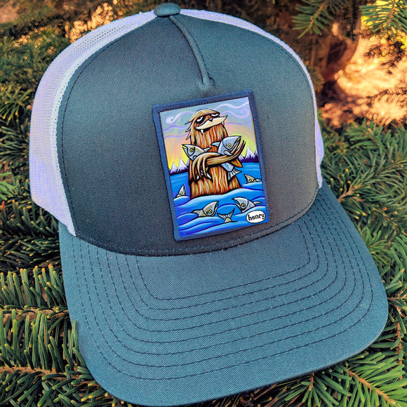 Sasquatch Hugging Salmon Navy/White Trucker Hat