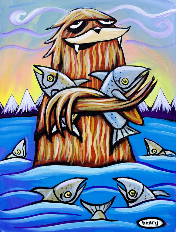 Sasquatch Hugging Salmon Paper Print