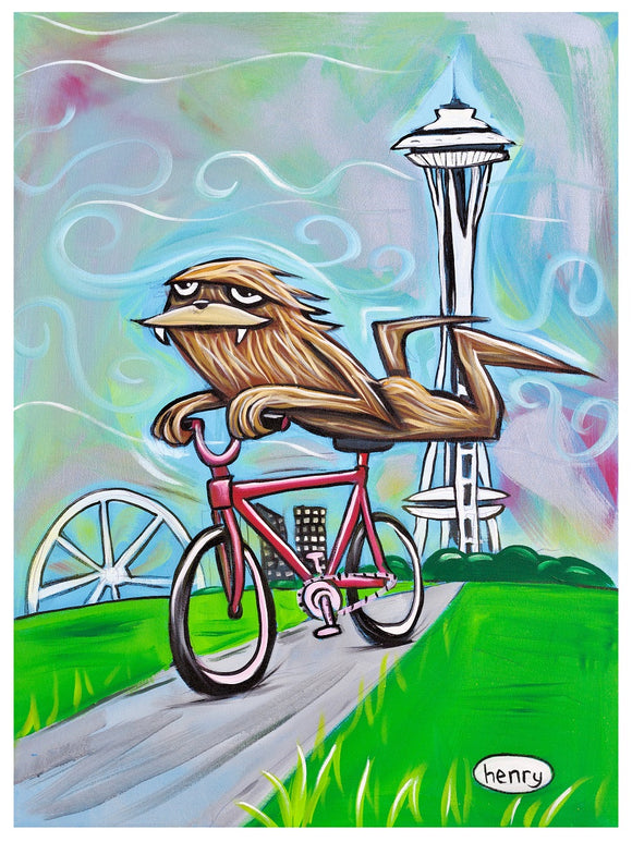 Sasquatch Riding Bike Seattle Paper Print