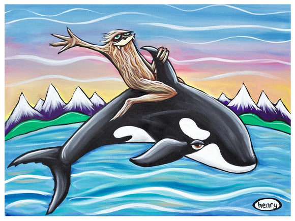 Sasquatch Riding Orca Paper Print