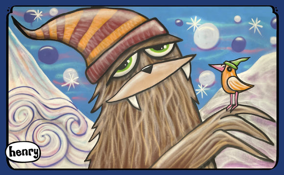 Sasquatch in Stocking Hat with Bird Sticker