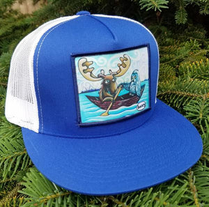 Moose and Owl in Canoe Flat Bill Royal/White Trucker Hat