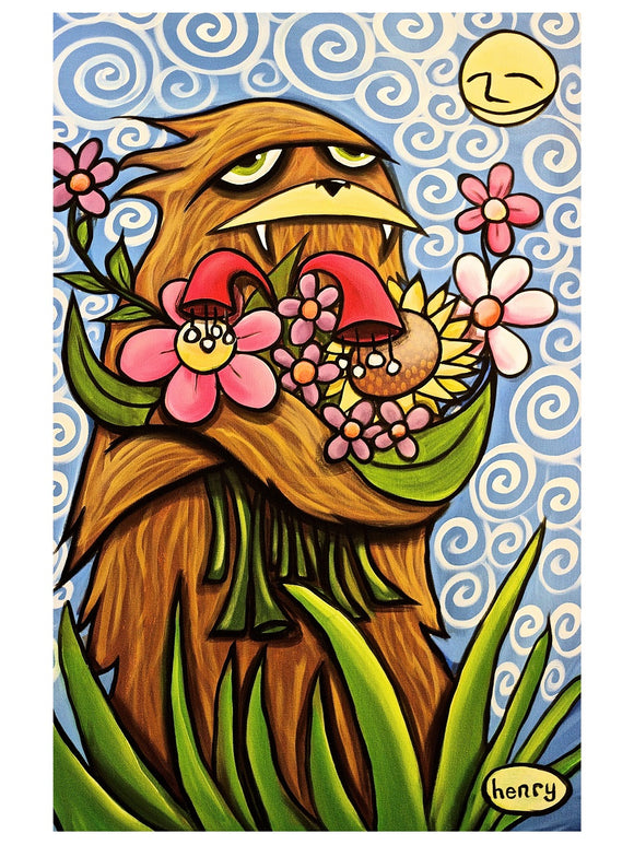 Sasquatch Hugging Flowers Paper Print