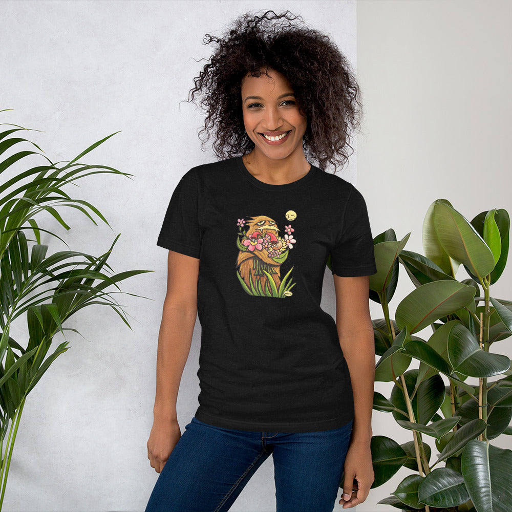 Sasquatch Hugging Flowers Unisex T-Shirt