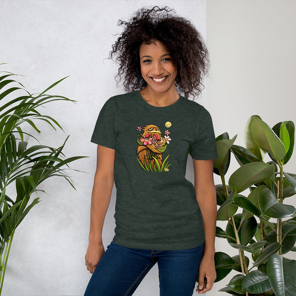 Sasquatch Hugging Flowers Unisex T-Shirt